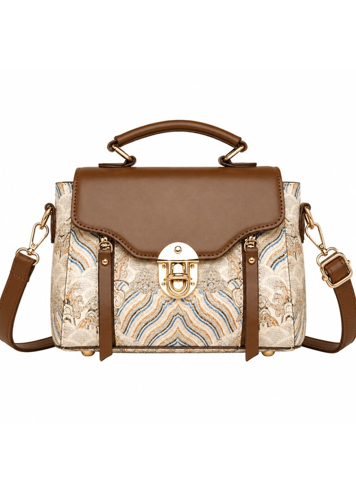 Geanta de dama eleganta, de mana si crossbody, din material jacquard si piele ecologica, cu curea reglabila si detasabila, maro-bej, 20 x 15 x 10 cm