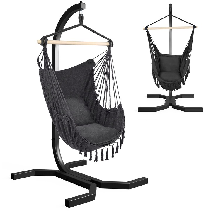 Suport Cu Scaun Brazilian Suspendat Tip Boho, K-Sport, Inaltime 185 cm Sarcina 100 kg, Gri Grafit, Otel Galvanizat Textil, Balansoar Gradina Terasa Interior Rezistent Uv Carlige Solide Leagan Confortabil Relaxare Lux