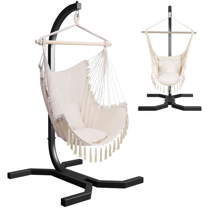 Suport Cu Scaun Brazilian Suspendat Tip Boho, K-Sport, Inaltime 185 cm Sarcina 100 kg, Bej, Otel Galvanizat Textil, Balansoar Gradina Terasa Interior Rezistent Uv Carlige Solide Leagan Confortabil Relaxare Lux