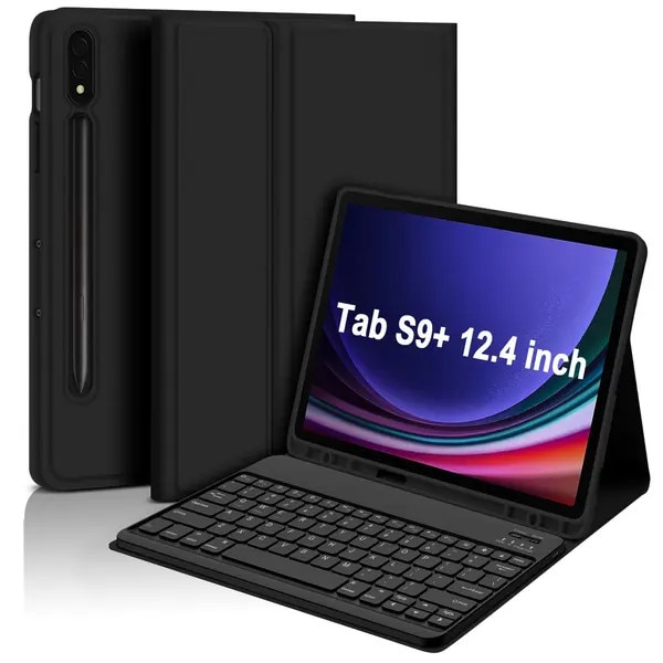 Husa cu tastatura Bluetooth VITERRA.4-25CDCJ-K0232-260829-755, compatibila cu Samsung Galaxy Tab S9+/S9 Plus/S8+/S8 Plus/S7+/S7 Plus/S7 FE 5G 12.4, tastatura iluminata RGB cu touchpad, TPU siliconic, negru, baterie 280mAh (~40 h)