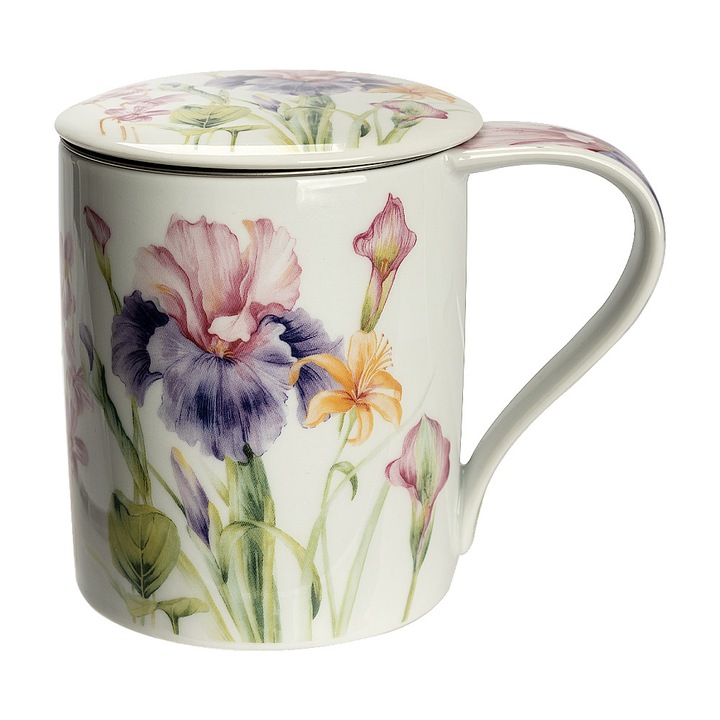 Cana cu infuzor IRIS, 340 ml, Nobila Casa, Portelan fin, Otel Inoxidabil, Multicolor, Colectia IRIS, Ceasca, Cafea, Ceai, Vesela, Cadou