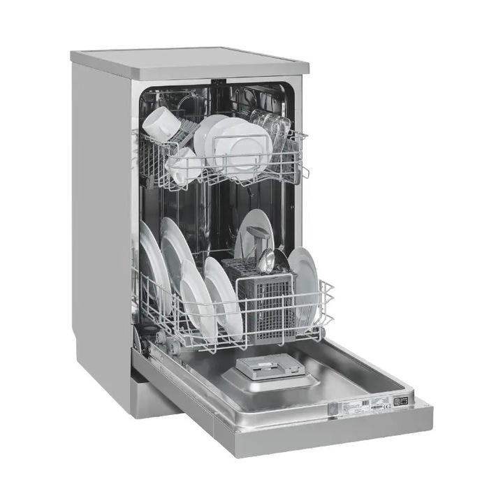 Masina de spalat vase slim Exquisit, 9 seturi de vase, latime 45 cm, partial incorporabila, 4 programe, mod Rapid/Intensiv/Eco/90 min, pornire intarziata 24h, siguranta impotriva inundatiilor AquaStop, indicatoare luminoase sare/agent clatire, argintiu