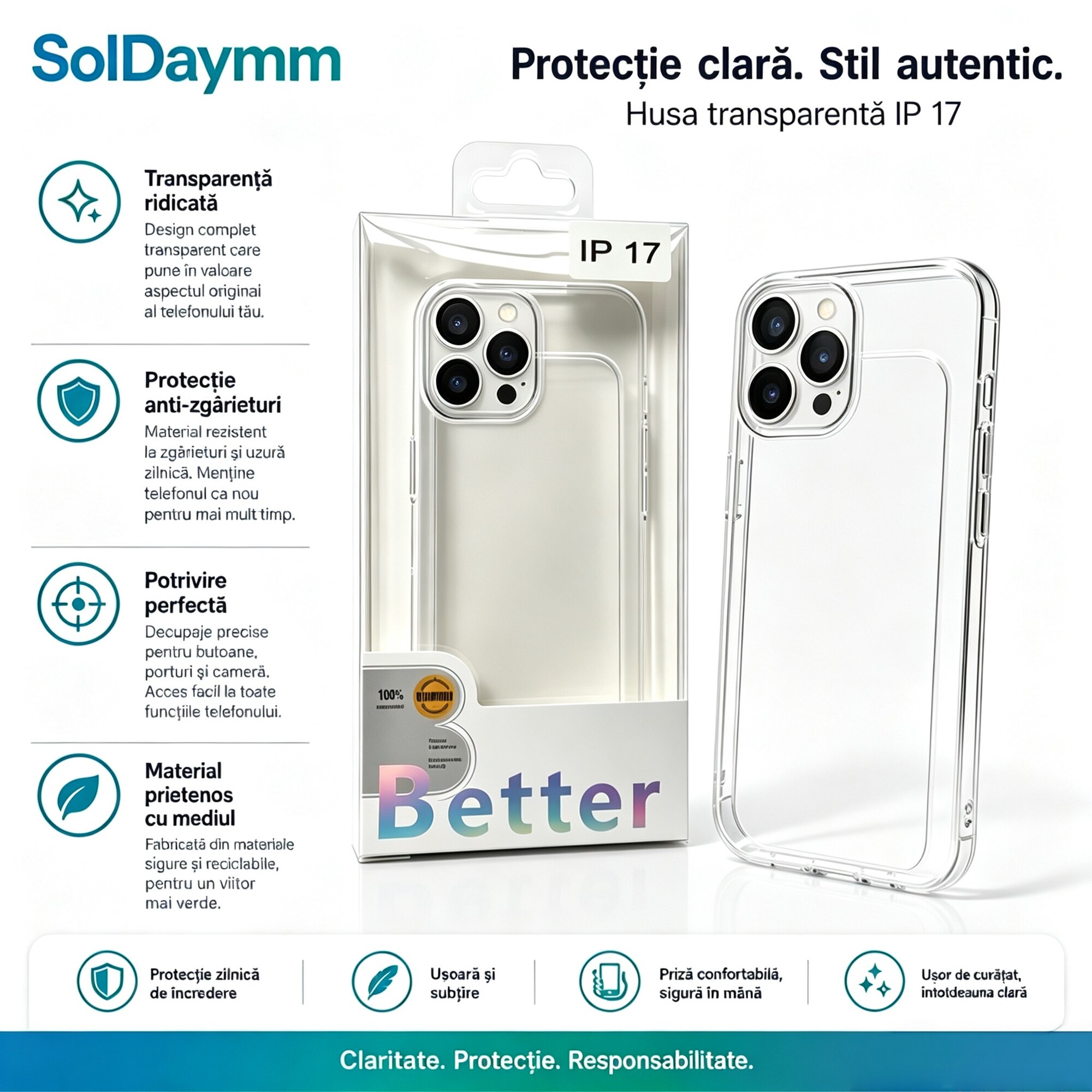Husa Flip Flippy transparenta pentru Apple iPhone 15pro, TPU gros 1.5mm antisoc, protectie camera si ecran, material rezistent la ingalbenire, husa subtire flexibila anti-caderi