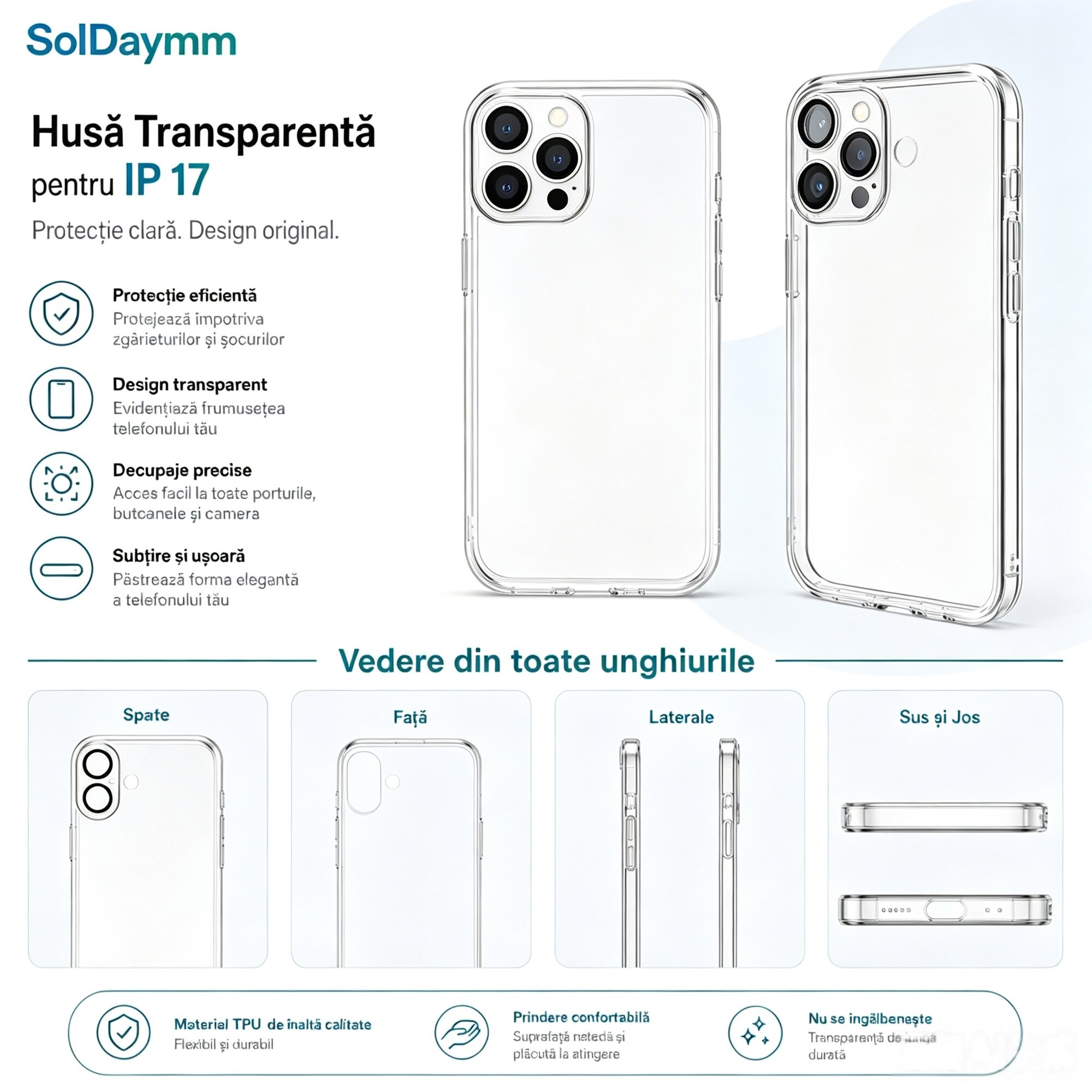 Husa Flip Flippy transparenta pentru Apple iPhone 15pro, TPU gros 1.5mm antisoc, protectie camera si ecran, material rezistent la ingalbenire, husa subtire flexibila anti-caderi