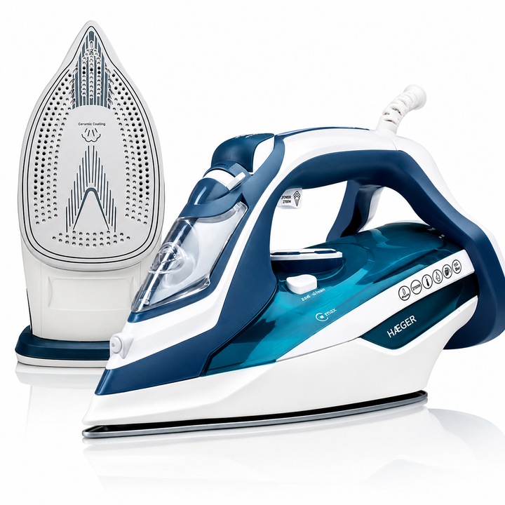 Fier de calcat cu abur HAEGER ULTRA STEAM, Talpa ceramica, 2800W, Jet abur pana la 80g/min, Sistem anti-calcar si anti-picurare, Abur vertical, functie auto-curatare, albastru albastru