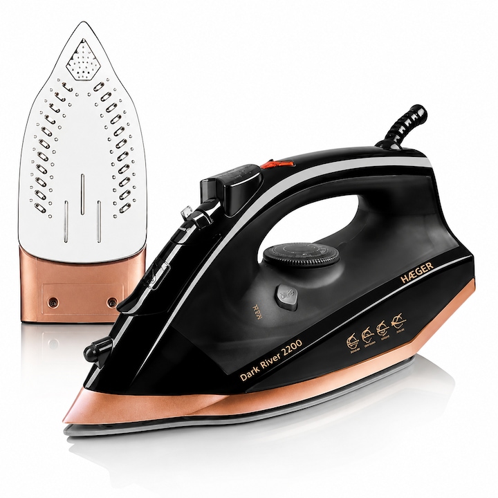 Fier de calcat cu abur HAEGER DARK RIVER, Talpa din inox, Putere 2200W, Jet abur pana la 60g/min, Sistem anti-calcar si anti-picurare, Abur vertical, Negru
