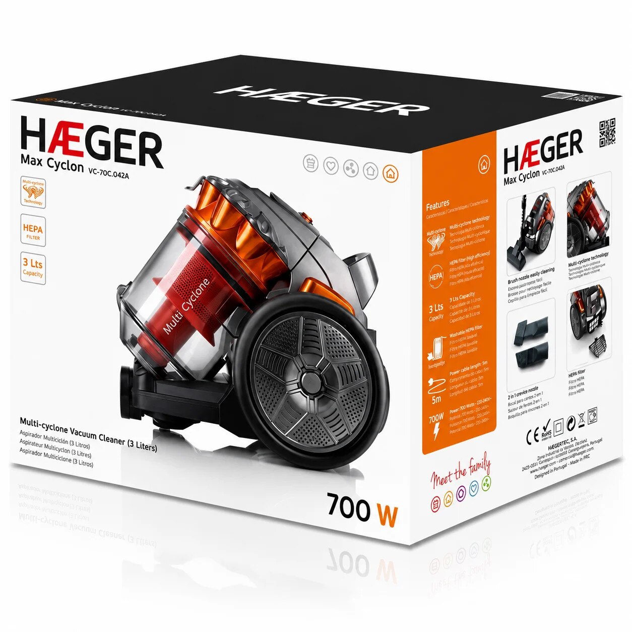 Aspirator fara sac HAEGER MAX CYCLON, Putere 700W, Capacitate 3L, Filtrare multiciclonica in 5 etape, Silentios, Tub telescopic, lungime cablu 5m, Negru