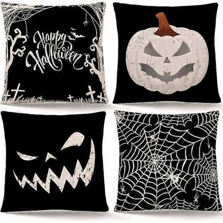 Set fete de perna Halloween, 4 buc, imprimeu dovleac si panza de paianjen, alb-negru, 45.7x45.7cm