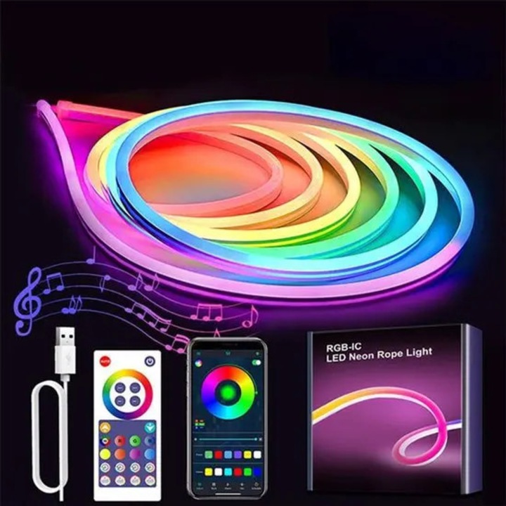 LED neon RGB szalag PRE-CJk0515-26-0715-378, alkalmazás és távirányító vezérléssel, USB tápellátás, zenei szinkronizálás, többszínű
