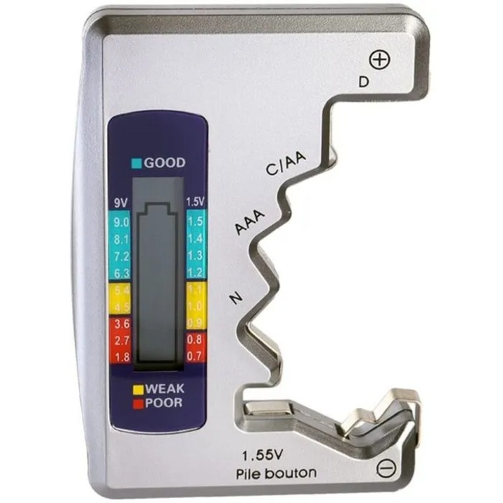 Tester baterii digital, compact, afisaj LCD, plastic ABS, pentru AA AAA 9V