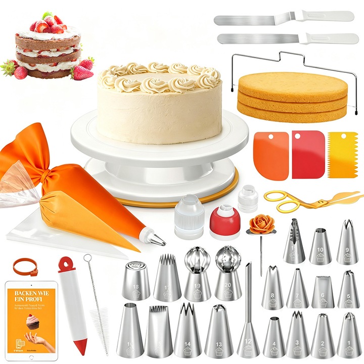 Set instrumente Patiserie/Cofetarie, Bedee, Platou Rotativ 61 piese, cu duze din otel inoxidabil, posete, raclete pentru aluat, paleti si o gama larga de accesorii de copt, perfecte pentru incepatori si profesionisti