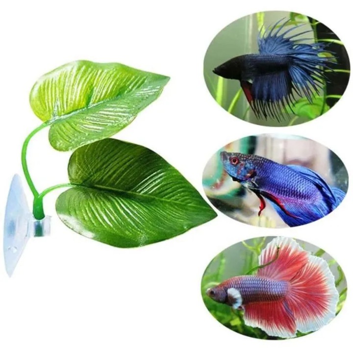 Decor acvariu, hamac frunze Betta, plastic, verde, 5.8x4.6cm
