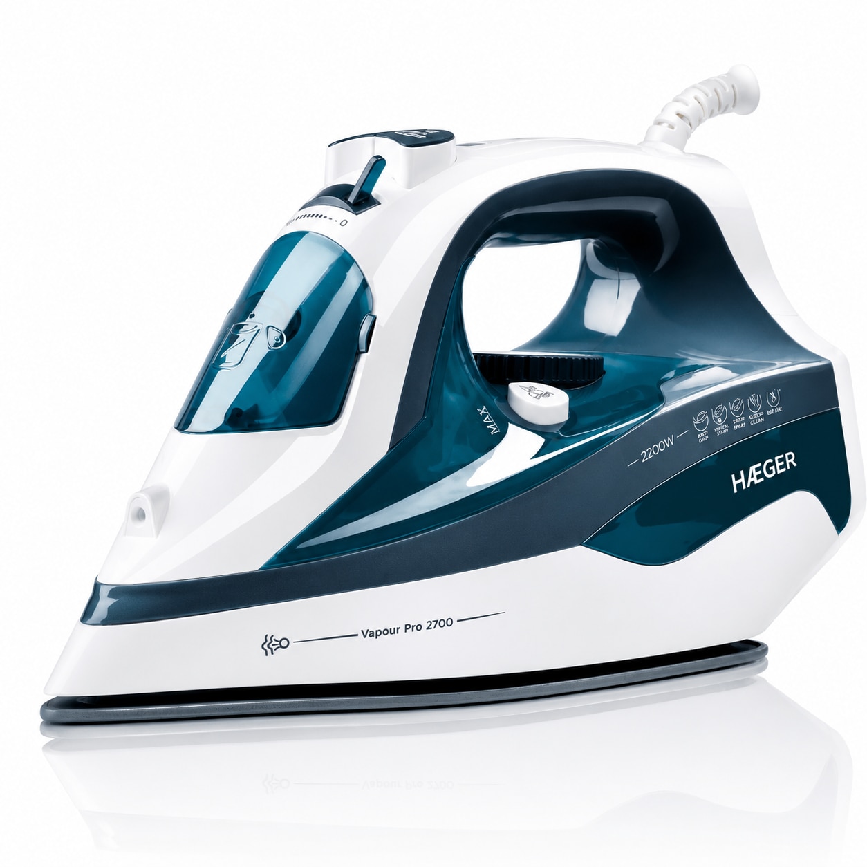 Fier de calcat cu abur HAEGER VAPOUR PRO, Talpa ceramica, 2700W, Jet abur pana la 75g/min, Sistem anti-calcar si auto-curatare, Abur vertical, Albastru