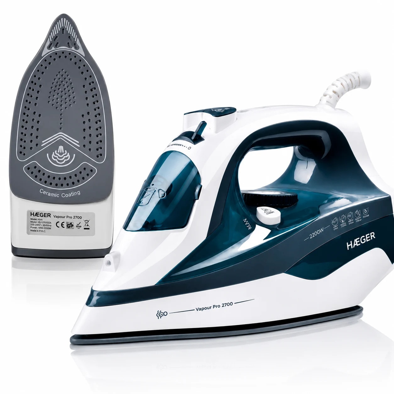 Fier de calcat cu abur HAEGER VAPOUR PRO, Talpa ceramica, 2700W, Jet abur pana la 75g/min, Sistem anti-calcar si auto-curatare, Abur vertical, Albastru
