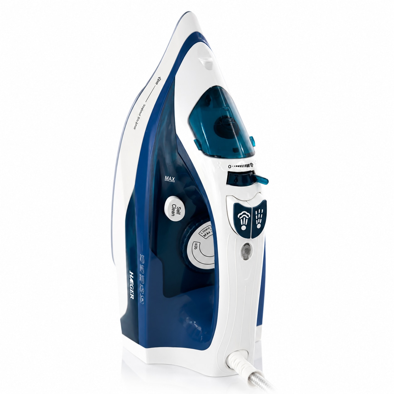 Fier de calcat cu abur HAEGER VAPOUR PRO, Talpa ceramica, 2700W, Jet abur pana la 75g/min, Sistem anti-calcar si auto-curatare, Abur vertical, Albastru