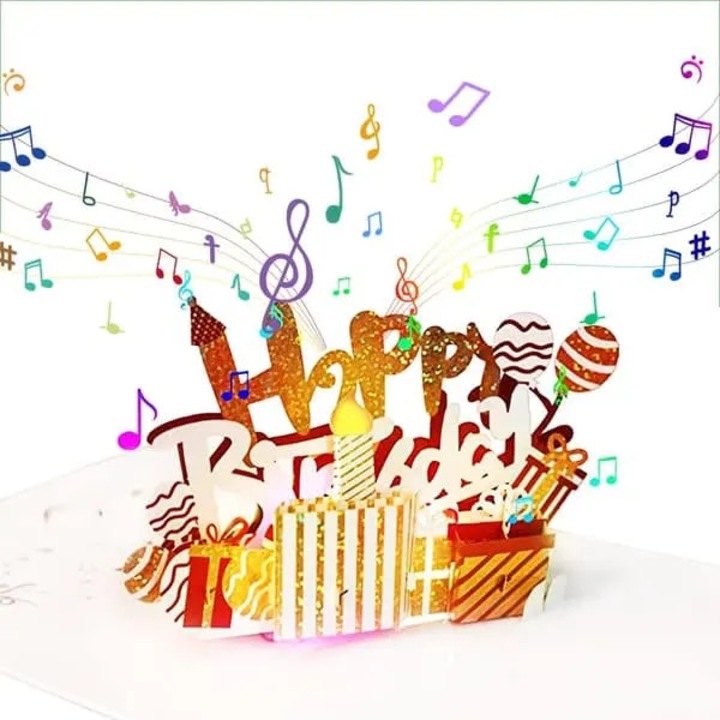 Felicitare muzicala 3D PRE-CJk0515-26-0824-4248, pop-up cu lumini LED si melodie "Happy Birthday" automata, multicolor, cu plic