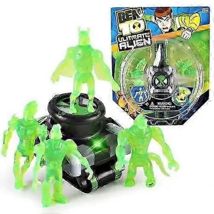 Ceas jucarie Omnitrix Ben 10 cu proiector 3D si set 5 figurine PVC, verde