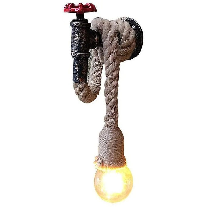 Lampa de perete cu funie in stil rustic vintage, design cu robinet decorativ, bej/natur, model PRE-CJk0515-26-0715-3671