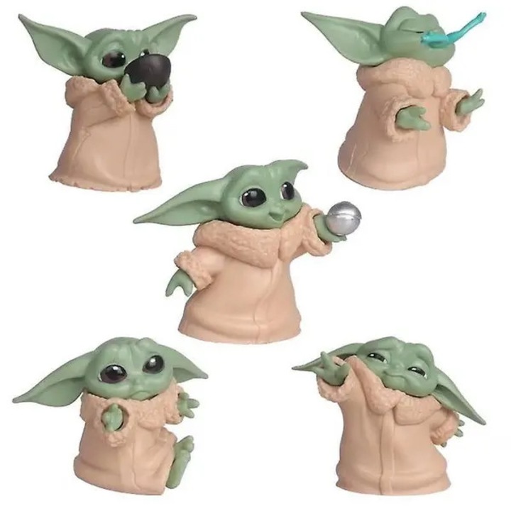 Комплект от 5 фигурки Baby Yoda (Grogu) от The Mandalorian, PVC, 4–6 см, зелен/бежов