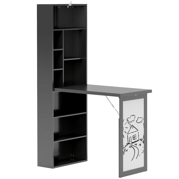Модерно сгъваемо бюро с библиотека и дъска, HOMCOM, MDF, борово дърво, 98x51x153 см, черно