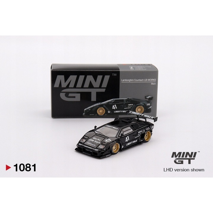 Mini GT Lamborghini Countach LB-Works, fekete, 1:64, fém, arany kerekek