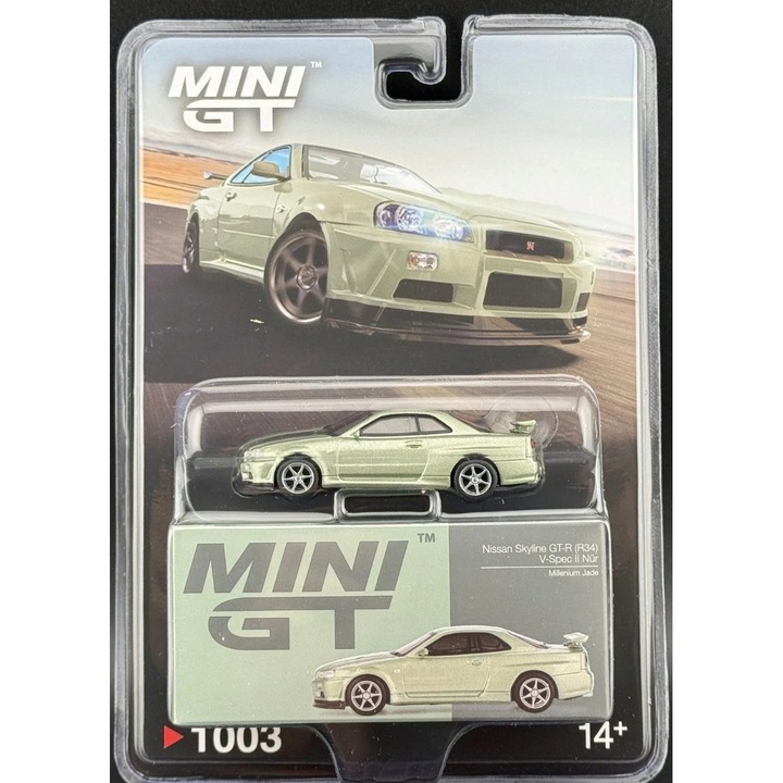 Modell fém Mini GT Nissan Skyline GT-R R34 V-Spec II 2002 zöld 1:64