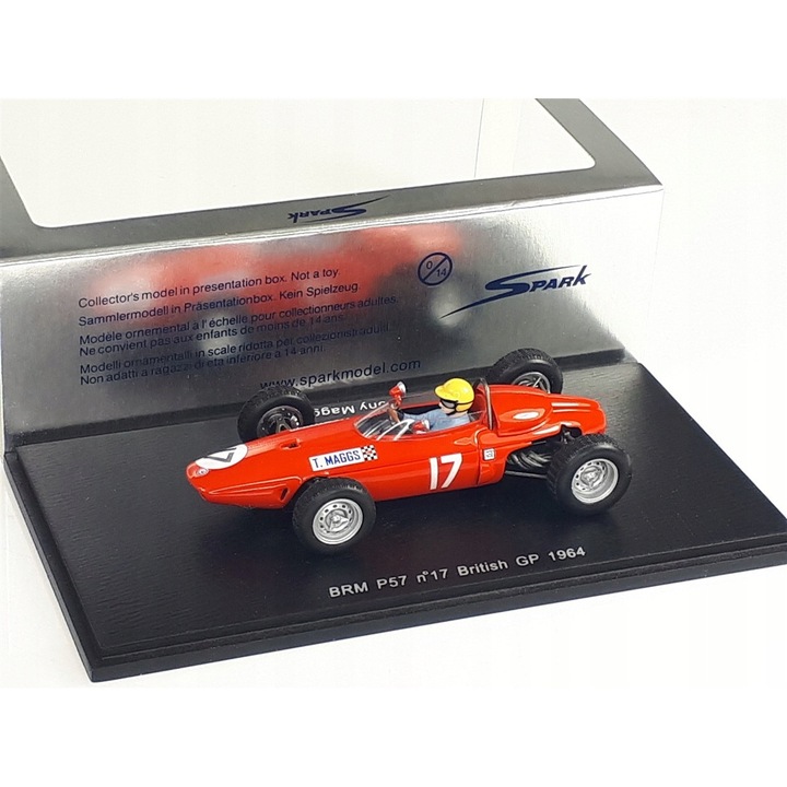 BRM P57 T.Maggs Brit Nagydíj 1964 SPARK 1:43 gyanta modell talapzaton akril vitrinnel