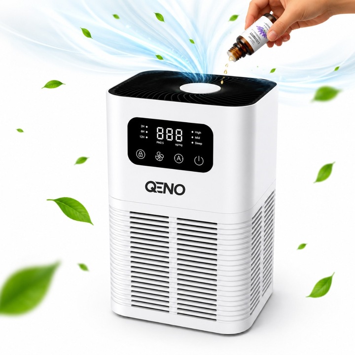 QENO® VENTRO Smart légtisztító, 3 az 1-ben szűrés, CADR: Max 100 m³/h, Kompatibilis illóolajokkal, Aromaterápia, PP, HEPA 13 és aktív szén szűrés, 20 millió/cm3 negatív ION, 3 sebességfokozat, Sleep funkció 22-48 dB nagyon csendes, Fehér