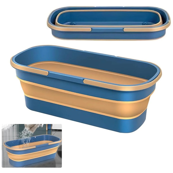 Galeata mare pentru mop plat de curatare, 18 L / 4.5 Galoane, galeata pentru mop plat cu maner, mop plat mare, mop pentru podea, galeata mare de apa din silicon, galeata pentru mop pliabila si portabila (Albastru) (A)