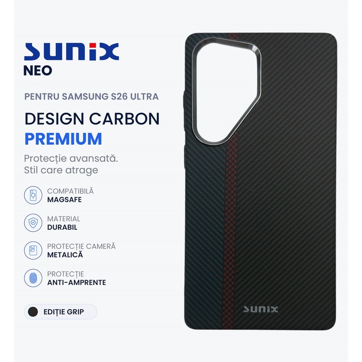 Husa SUNIX Neo pentru Samsung S26 Ultra S948, Compatibila MagSafe, Design Carbon Premium, Protectie Camera Metalica, Antisoc, Grip