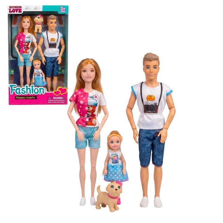 Familie de Papusi 30 cm, Set Complet cu Papusa Fata, Papusa Baiat, Papusa Copil si Catel de Jucarie, Joc de Rol pentru Copii, Cadou pentru Fete si Baieti