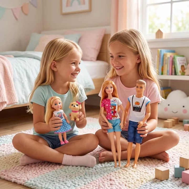 Familie de Papusi 30 cm, Set Complet cu Papusa Fata, Papusa Baiat, Papusa Copil si Catel de Jucarie, Joc de Rol pentru Copii, Cadou pentru Fete si Baieti