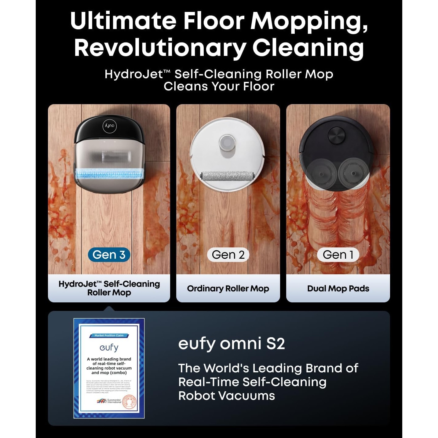 Aspirator robot eufy Omni S2, 30, 000 Pa, HydroJet™ 2.0, 3D MatrixEye 2.0, Mop cu rola, Statie UniClean 12-in-1, Negru