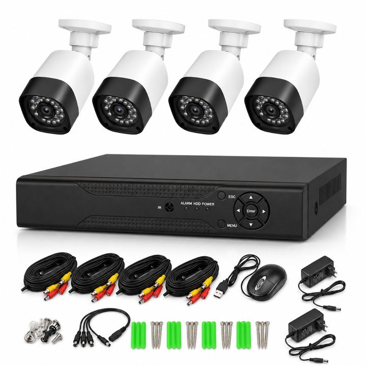 Videó megfigyelő rendszer 4 kamerával, 1080P HD, DVR, éjjellátó infravörös LED-del, IP65 vízállóság, kültéri/beltéri, szerelési tartozékokkal, fekete/fehér