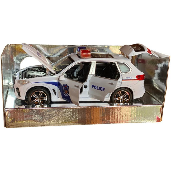 BMW X5 rendőrautó modell, hanggal, fényekkel, nyitható ajtókkal, 1:32