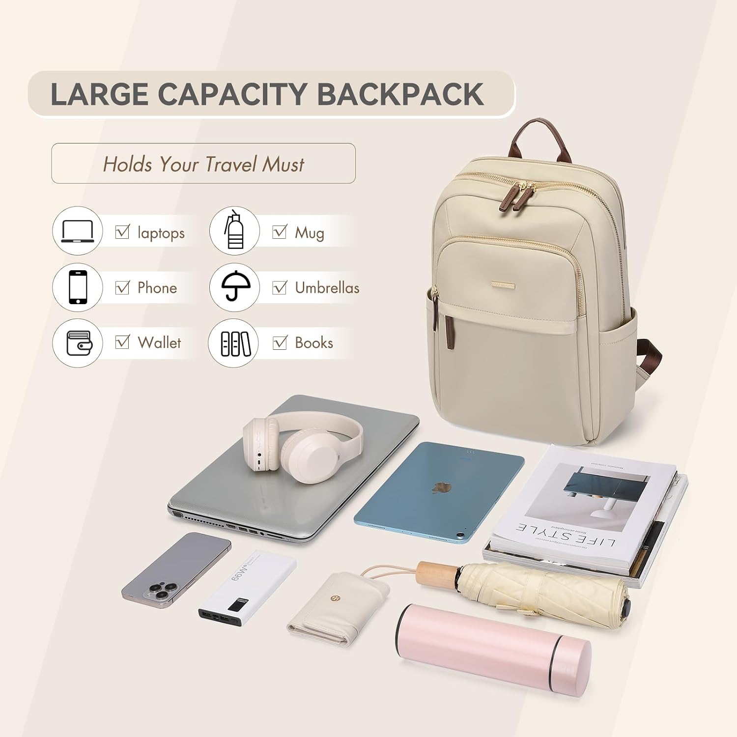 Rucsac Dama Elegant, 14 Inch, Compartiment Laptop, Calatorie, Universitate, Culoare Caise