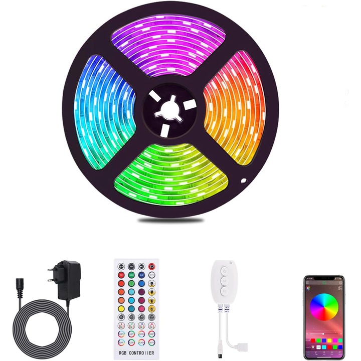 Banda LED RGB Bluetooth 5m, Impermeabila, Control prin Aplicatie si Telecomanda