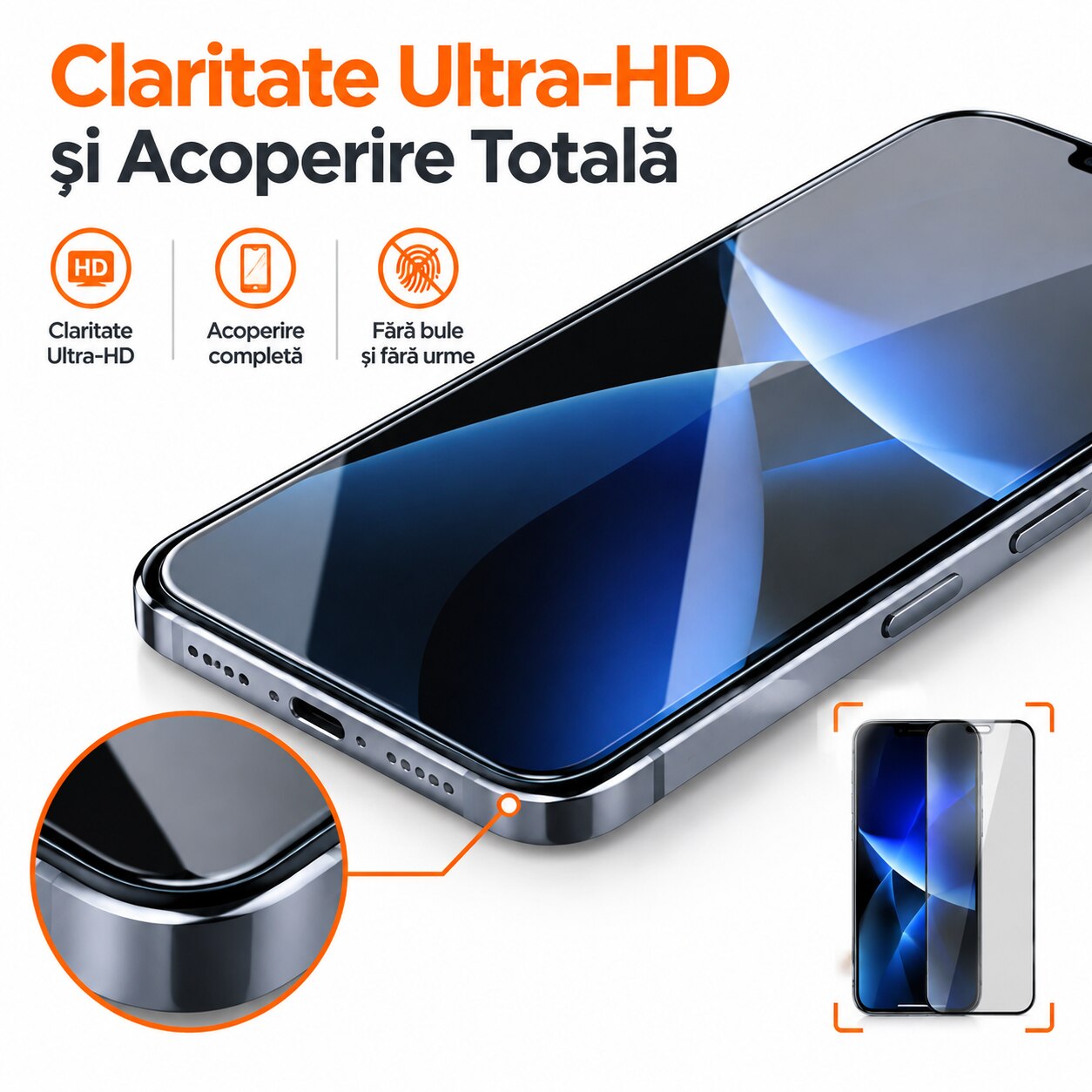 Folie sticla calita privacy cu cutie de instalare fara praf, rezistenta la socuri tip Corning, pozitionare automata, instalare simpla in 3 pasi, anti-privire laterala compatibila cu iPhone 14pro