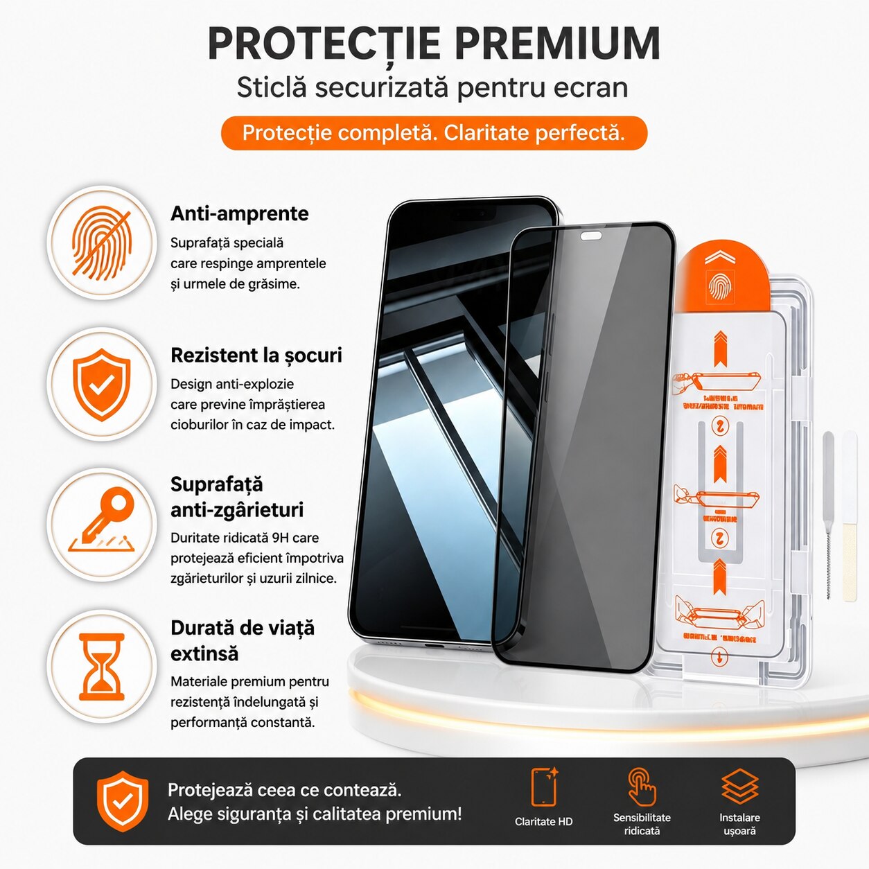 Folie sticla calita privacy cu cutie de instalare fara praf, rezistenta la socuri tip Corning, pozitionare automata, instalare simpla in 3 pasi, anti-privire laterala compatibila cu iPhone 14pro