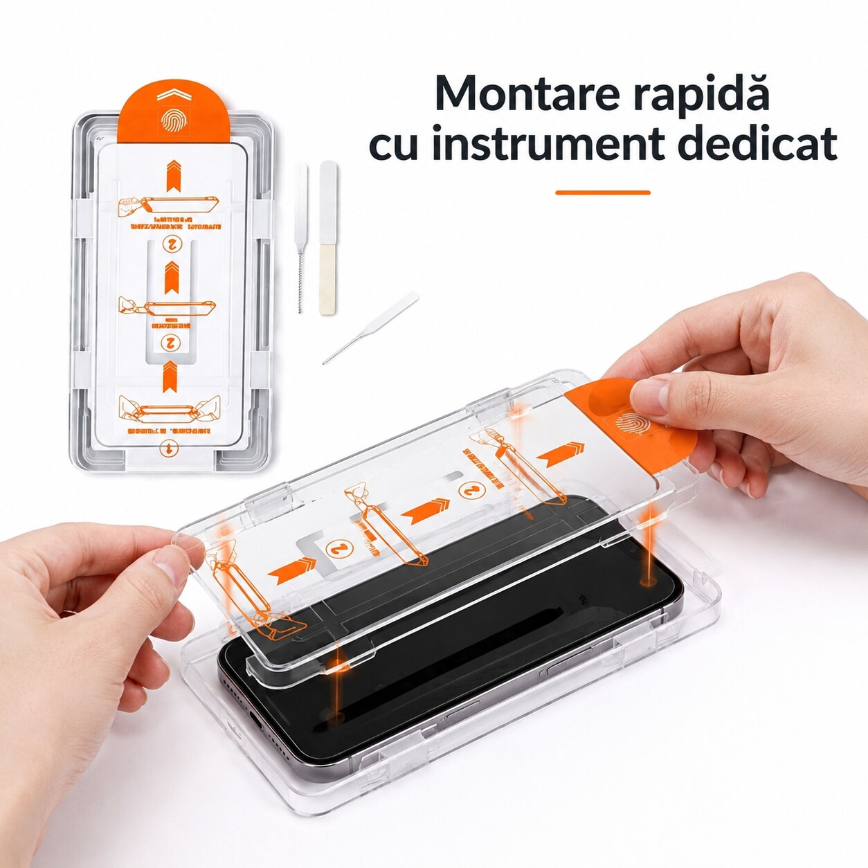 Folie sticla calita privacy cu cutie de instalare fara praf, rezistenta la socuri tip Corning, pozitionare automata, instalare simpla in 3 pasi, anti-privire laterala compatibila cu iPhone 14pro