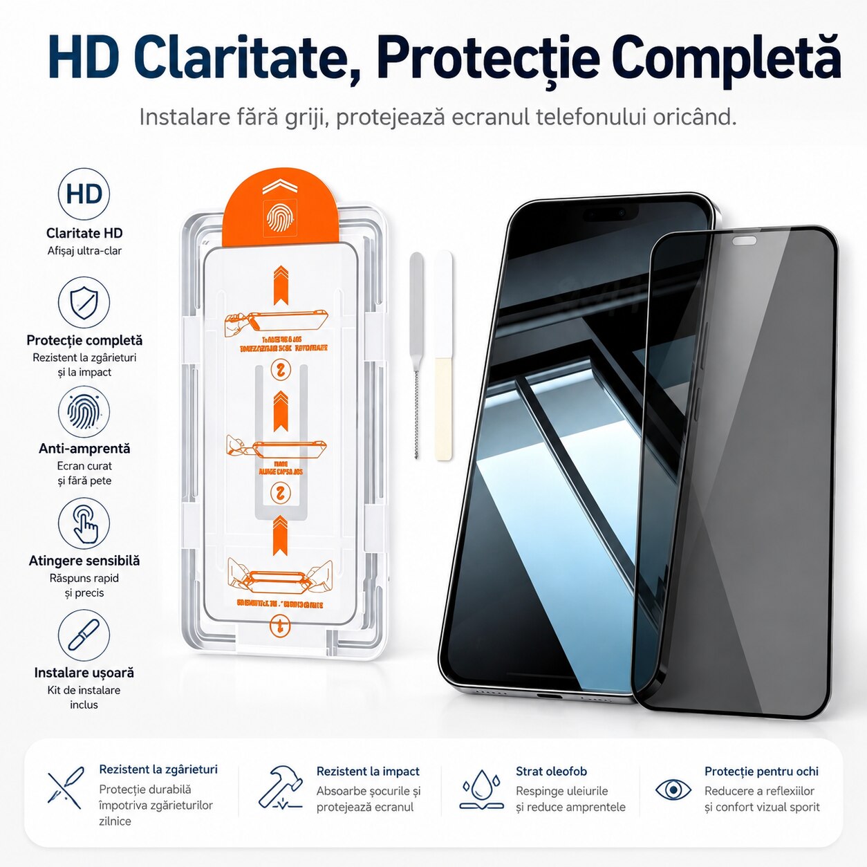 Folie sticla calita privacy cu cutie de instalare fara praf, rezistenta la socuri tip Corning, pozitionare automata, instalare simpla in 3 pasi, anti-privire laterala compatibila cu iPhone 14pro