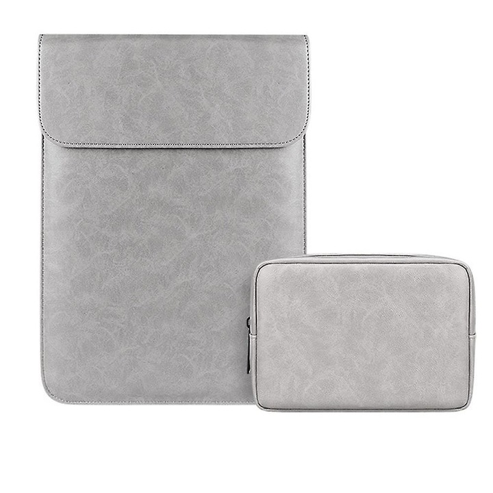 Husa laptop set, piele PU, gri elegant, negru, galben, 35x26cm si 38x29cm