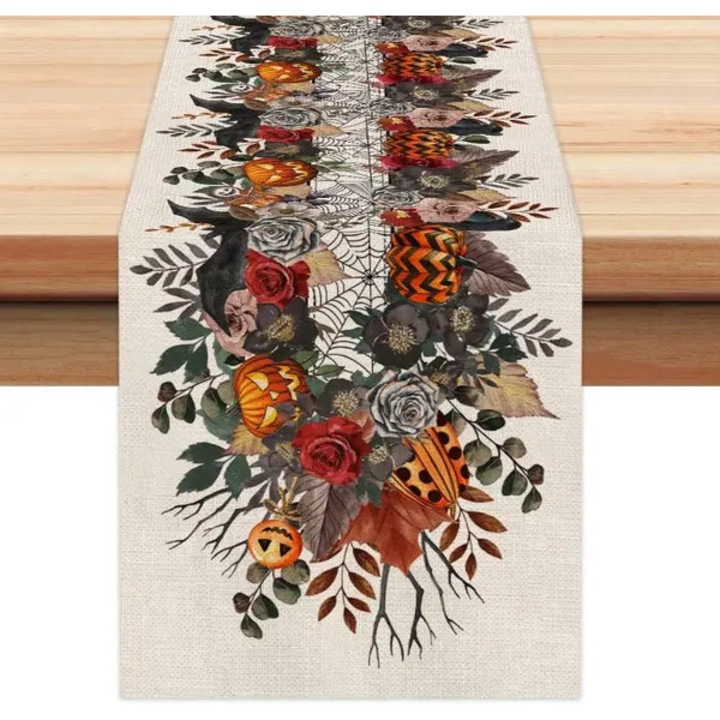 ISINI-CJ-K0497-260826-2397 asztali futó, poliészter, Halloween mintás tökökkel és pókhálóval, bézs, 33 x 183 cm
