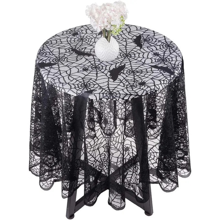 ISINI-CJ-K0497-260826-1777 Halloween csipketerítő, kivágott pókháló mintával, fekete, átmérő 175–178 cm