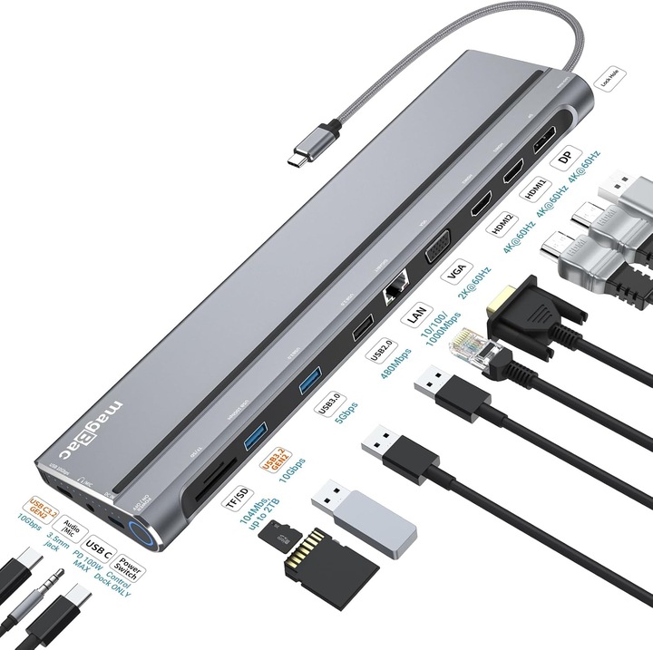 Докинг станция Andocare USB-C за три монитора 14-в-1, 10Gbps, 100W PD