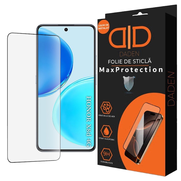 Folie sticla Honor X8d DaDen, 9H, Full Cover, Full Glue, Antisoc, HD Clear, Antiamprenta, Compatibila amprenta, Instalare usoara