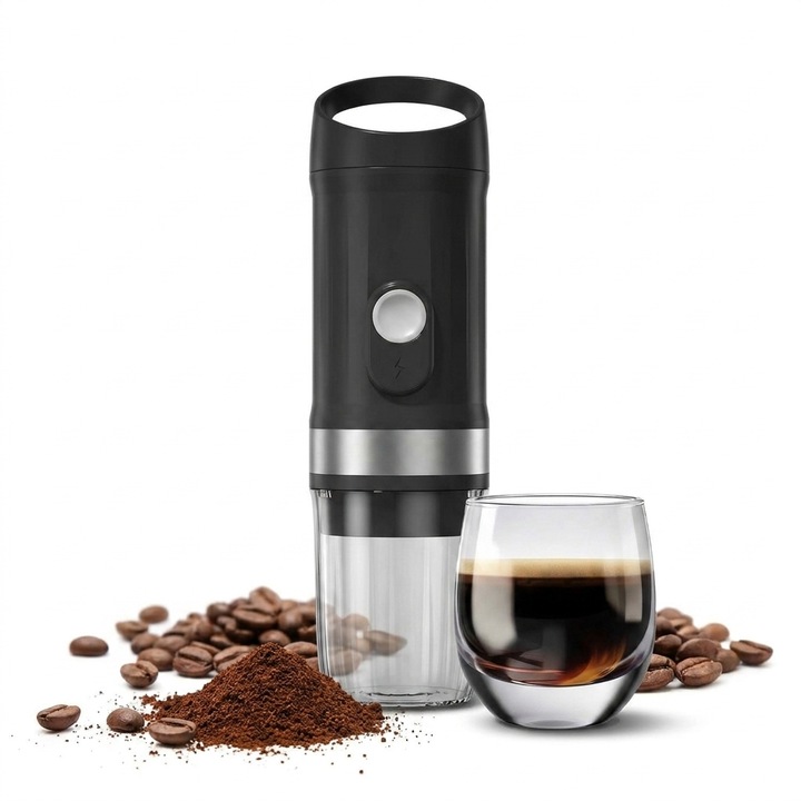 Espressor portabil cu maner CYUCHELLY®, Functie incalzire apa, Pana la 5 cafele/incarcare, Compatibil cafea macinata, Capsule Nespresso® si Dolce Gusto®, Baterie 9600 mAh, Extractie rece si calda, Rezervor 100ml, Ideal camping, drumetii si birou
