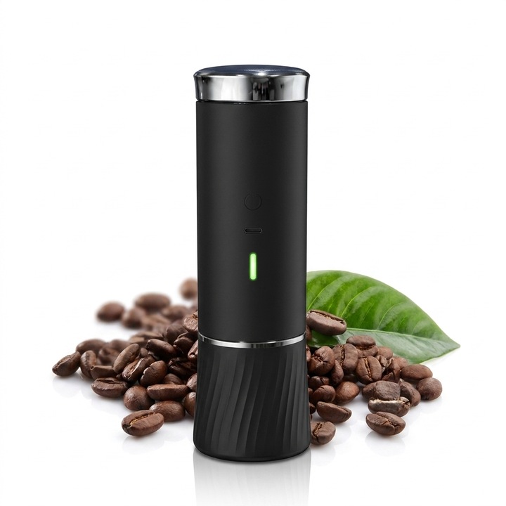 Espressor portabil 3 in 1, Aparat cafea capsule si macinata, Incalzeste apa fara fir, Compatibil capsule Nespresso, Dolce Gusto, Extractie la cald/rece, Reincarcabil USB-C, 60ml, Ergonomic, Compact, Calatorii, Drumetii, Camping, Negru