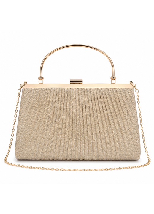 Geanta de seara eleganta pentru dama, tip clutch plic, material textil plisat cu sclipici, maner metalic si lant detasabil, auriu sampanie, 25 x 15, 5 x 5 cm