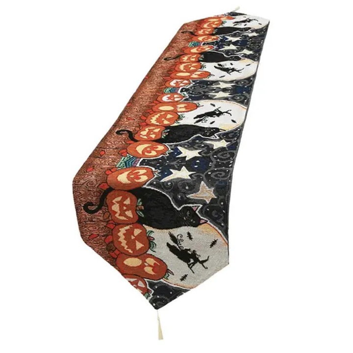 ISINI-CJ-K0497-260826-3025 asztali futó pamutból és lenből, Halloween mintával, tökökkel és szellemekkel, többszínű, 33 x 180 cm